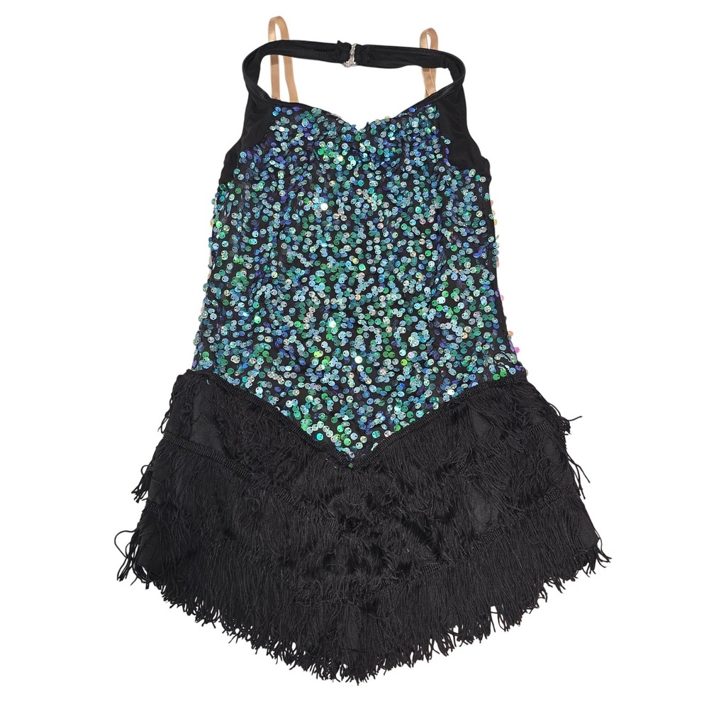 Weismann Girls Sequin Fringe Dance Costume Leotard Teal Blue Black Jazz‎ Small